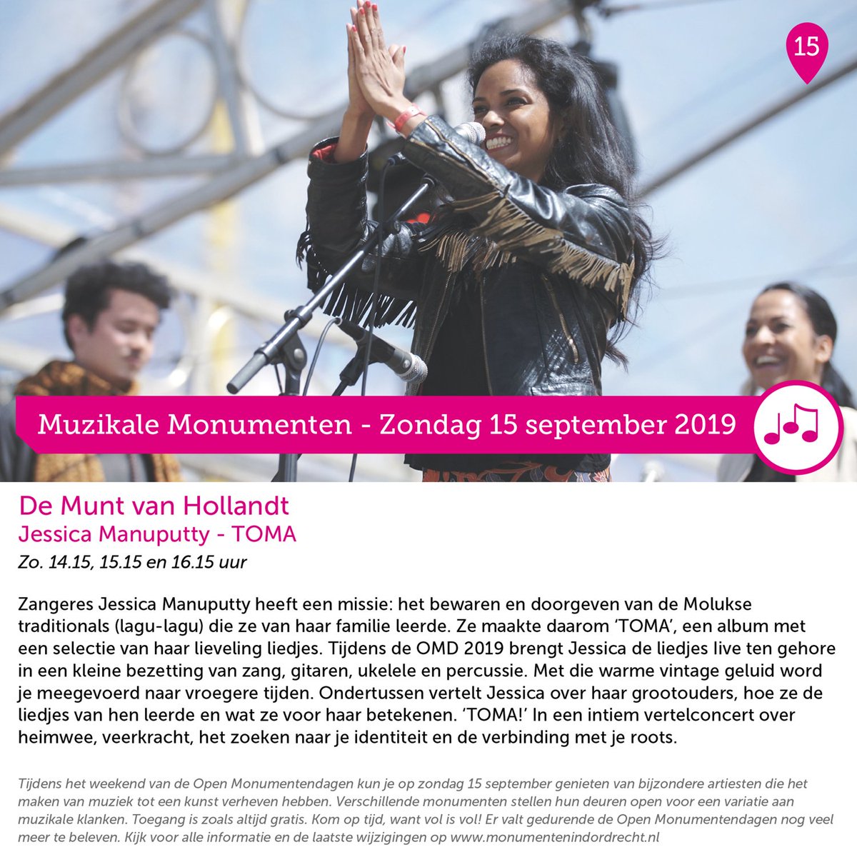 Het Open Monumenten Weekend komt er weer aan. Ook in Dordrecht. Op zondagmiddag 15 september zullen er diverse - bij het thema aansluitende - #gratis optredens plaatsvinden. Ook Jessica Manuputty is er bij. #OMD2019 Kijk voor meer informatie op ow.ly/kqKf30lAgf7