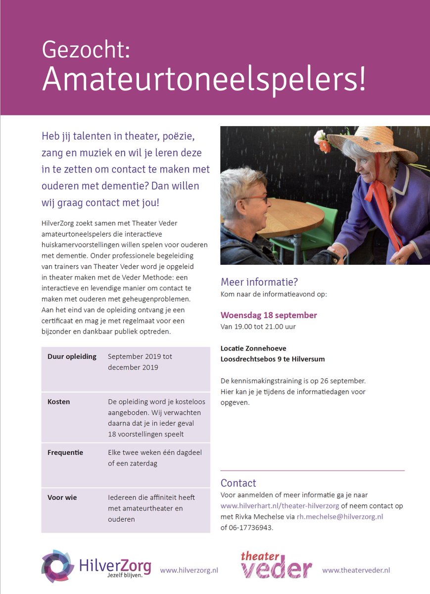 theaterveder's tweet photo. We zoeken weer nieuwe Veder spelers in regio #Hilversum! Ben of ken jij amateur toneelspeler(s)? Dan zijn we op zoek naar jou! Kom naar de info avond woe 18 sept bij partner @HilverZorg . Aanmelden via: https://t.co/2iIAU5lk2Y
RT = Lief!
#VederMethode #amateurtheater #dementie https://t.co/q9AsRJQKy8