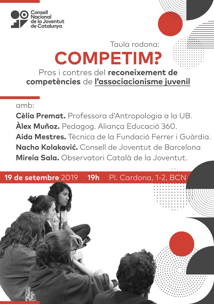 joventutcat's tweet photo. 🗓 El @CNJCat organitza l'activitat '#Competim?', una taula rodona on debatrem sobre com posem en valor les competències adquirides de l'associacionisme juvenil! 📅 19 de setembre 🕖 19h 📍 Pl. Cardona 1-2, Barcelona https://t.co/gT63uh48Rj https://t.co/Rwh68oo660
