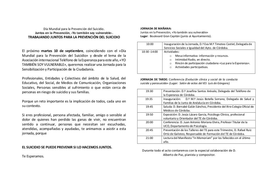 ParticipaCor's tweet photo. Día Mundial para la Prevención del Suicidio
Jornada de Sensibilización y Participación de la Ciudadanía

Martes, 10 de septiembre. Desde las 10 horas
Boulevard Gran Capitán
(Junto al Ayuntamiento)

Organiza:
Asociación Teléfono de la Esperanza https://t.co/Z0uqLPFiAQ