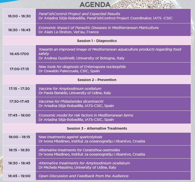 Happening today at 16.00 <a href="/eafp2019/">Eafp2019</a>: Join us for the 
<a href="/parafishcontrol/">ParaFishControl</a> Industry Forum: “#Mediterranean #Fish #Parasite Management Strategies” and learn more about the new tools and techniques developed within the project to diagnose, prevent and treat parasitic diseases.