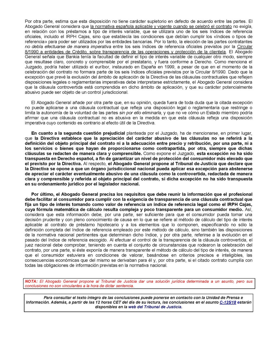 irphstop_gpzkoa's tweet photo. ATENCIÓN: La unidad de prensa del TJUE CONFIRMA que en opinión del Abogado General:
-el #IRPH no está exento de control por ninguno de los 2 motivos defendidos por banca y gobierno
-la fórmula de cálculo es compleja y poco transparente y requiere info sobre cálculo+evolución
😃 https://t.co/0bFy0MnvTC