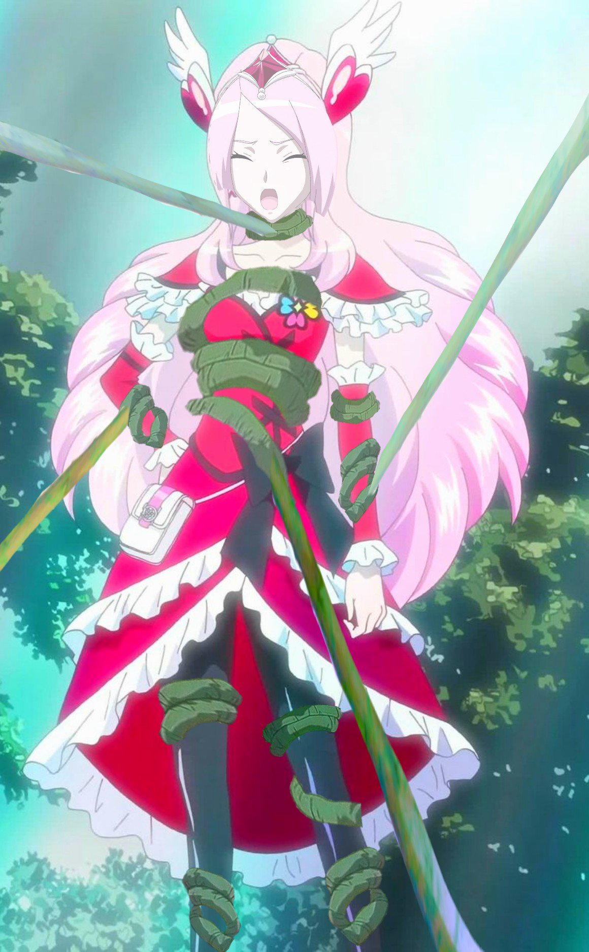 ヒロピン小僧 仮 フレッシュプリキュア より 木々から伸びた触手に絡め取られるキュアパッション 東せつな 一人で敵に挑もうとした彼女に待っていたのは絶体絶命のピンチだった 表情は必死に痛みに耐えるverと苦しみに耐えきれず口を開けているverを作っ