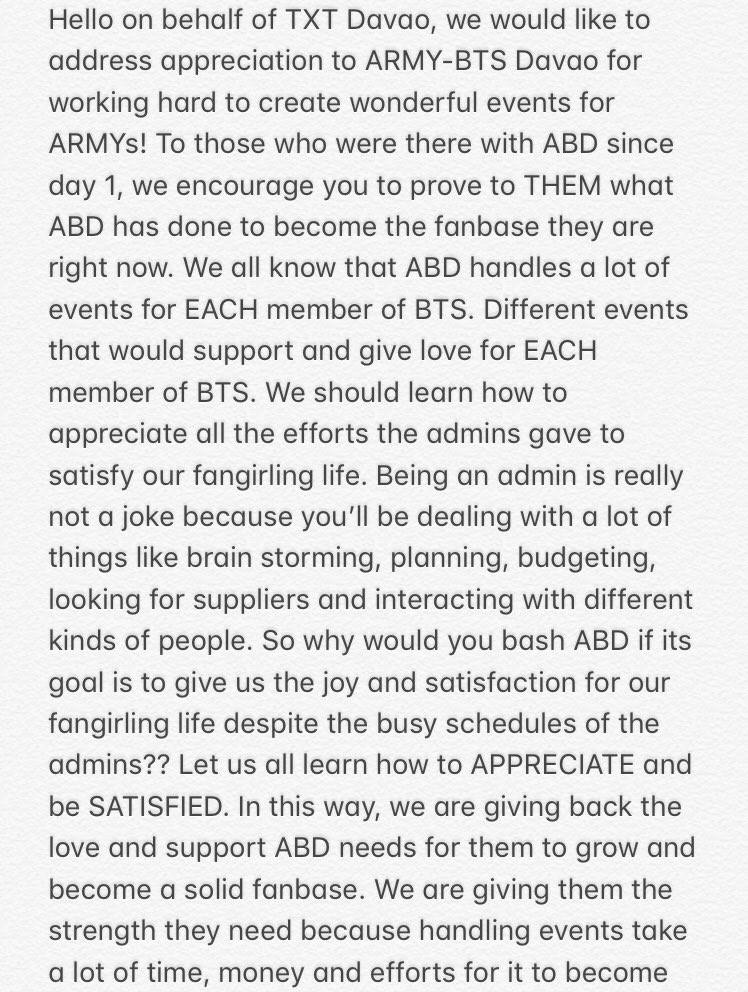 txtdavao_ph's tweet photo. Hello on behalf of TXT Davao, we would like to address appreciation to ARMY-BTS Davao for working hard to create wonderful events for ARMYs💜💙💛 #ABDAppreciationPost https://t.co/1HDgQ0zvnl