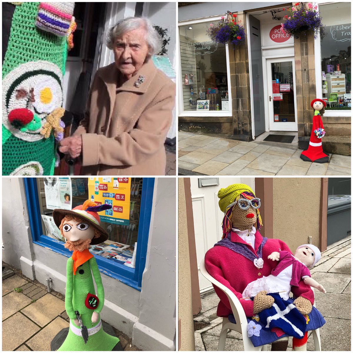 alliefoxmusic's tweet image. Selkirk’s late legend Grace Brett, the oldest street artist in the world, is remembered today. The secret knitters, aka the Souter Stormers, have again yarnbombed us with fab creations. @borderswalking is this wk &amp;amp; String Jam Club brings Kinnaris Quintet on the last night 14 Sep