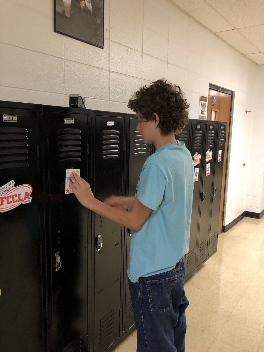 PurdyFBLA's tweet photo. Lucas and Jaci are hanging locker signs this morning encouraging membership in Purdy FBLA!  See Miss Wright or Mrs. Brown to pay $15 dues. https://t.co/eWqudIkvaN