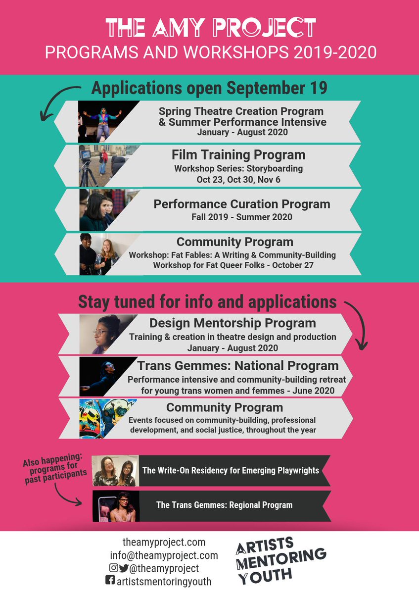Announcing our  2019-2020 programs! Our first wave of open applications begins next week, Sept 19. Spread the word! 
#theamyproject #amyproj #youtharts #cdncult #theaTO  #queerarts #BIPOCarts
