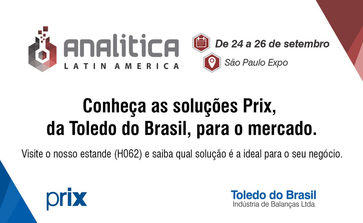 toledodobrasil's tweet photo. A Toledo do Brasil estará presente na Analitica Latin America.

Visite o nosso estande e conheça a linha Prix de Balanças Semimicro Analíticas, Analíticas e de Precisão e a linha Prix de Analisadores de Umidade.

#feiraanalitica #AnaliticaLatinAmerica #lab #prixlab #linhaprix https://t.co/AcLJCVg44Z