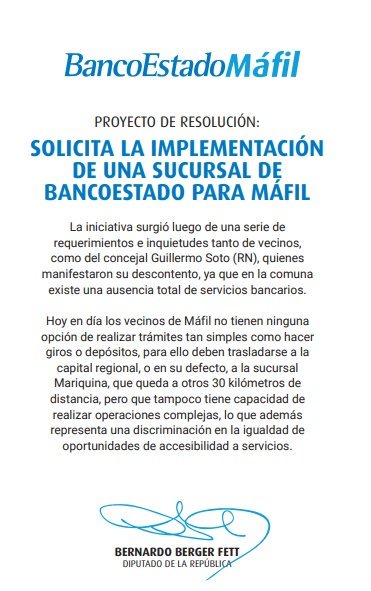 DiputadoBerger's tweet photo. Hoy se votará en la @CamaraDiputados, el proyecto de mi autoría que busca la implementación de una sucursal bancaria para la comuna de #Mafil que hoy en día no cuenta con este servicio para sus habitantes. https://t.co/5MGRhHoQIV