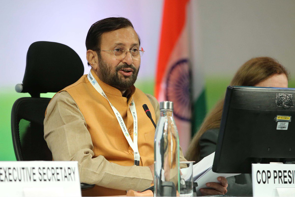 The #NewDelhiDeclaration presented to parties by the President of #UNCCDCOP14, @PrakashJavdekar at the closing of the High Level Segment. Hosted by #India, the 14th COP saw participation from a record 70 ministers, 170 countries and more than 10000 delegates