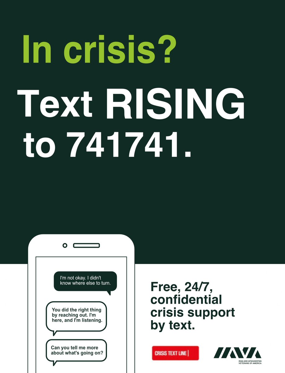 CrisisTextLine's tweet photo. We’re excited to announce our partnership with @IAVA. To all of the veterans out there, we’re here for you. Text RISING to 741741 to connect with a Crisis Counselor. We’ve got your back. https://t.co/4AQhuwSo9Y