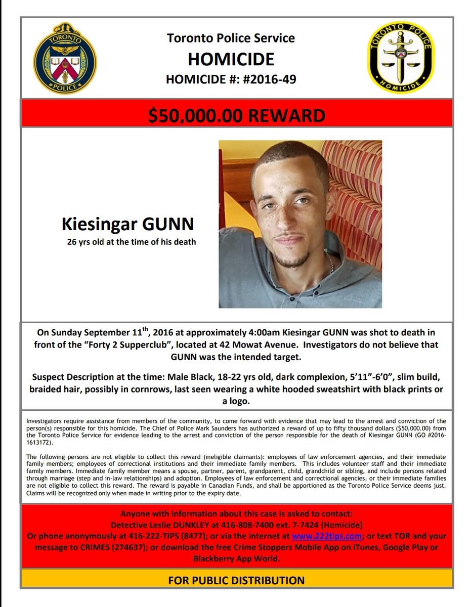 TPSHomicide's tweet photo. Chief @marksaunderstps has approved an extension of the existing $50,000 reward that expires today. Now  effective until Sept 10th, 2020. Anyone with info leading to the arrest &amp; conviction of the person responsible for the murder of Kiesingar GUNN will be eligible for the reward https://t.co/5IE7X9LxoD
