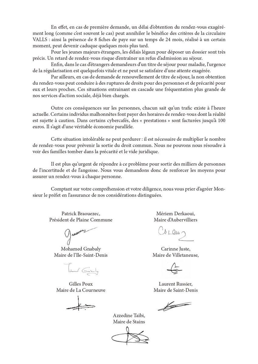 Trafic de rdv à la Préfecture : avec 6 élu-e-s nous interpellons le Préfet de Seine-Saint-Denis sur cette situation intenable <a href="/PBraouezec/">Patrick Braouezec</a> <a href="/Meriem_Derkaoui/">Meriem Derkaoui</a> <a href="/AzzedineTAIBI/">Azzédine TAÏBI - Maire de @VilledeStains</a> @GnabalyMohamed <a href="/CarinneJuste/">Carinne Juste</a> <a href="/LaurentRussier/">Laurent Russier</a> #Préfecture #Bobigny