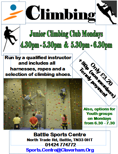 BattleSport1066's tweet photo. JUNIOR CLIMBING CLUB
Ages 8 - 17
Mondays 4.30 - 5.30, &amp; 5.30 - 6.30.
CLIMBING FOR YOUTH GROUPS (scouts, guides, DofE, Cadets, youth clubs) - Mondays 6.30 - 7.30.
ADULT CLIMBING
Mondays 7.00 - 9.00
E-mail Sports.Centre@Claverham.Org or call 01424 774772.
#1066 #Rother #Active https://t.co/Qu1ZXnR0PH