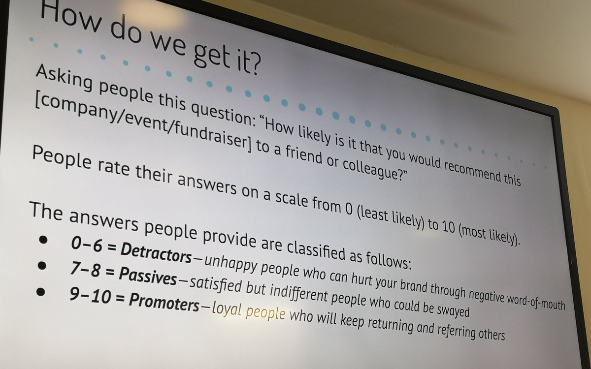 CIoFCommunity's tweet image. Do you use Net Promoter score for your #fundraising? Jillian shares how to calculate your score.

You want lots of people giving you 9s and 10s - those people telling their friends about you.

And your aim for your NPS should be mid 80s plus.