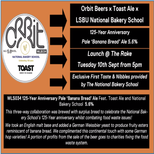 Rakebar's tweet photo. TONIGHT we're hosting @OrbitBeers @ToastAle & @NBS_Lsbu for the first pour of their collab celebrating the 125th anniversary of the National Bakery School! Banana Bread Pale Ale anyone? #TheRake #OrbitBeers #ToastAle #NBS https://t.co/UDbDIpWwrf