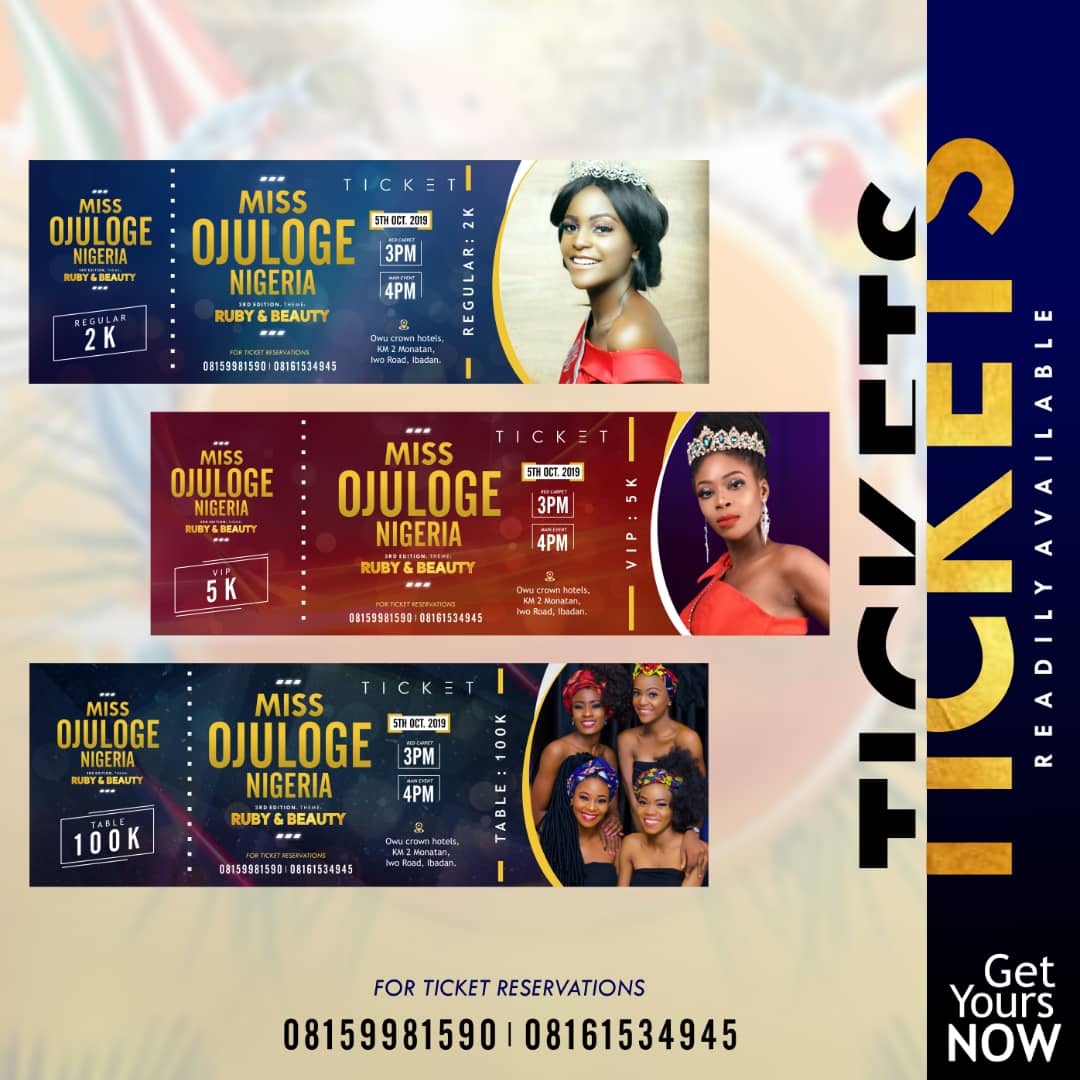 EventsbyPearls's tweet photo. Road to Miss Ojuloge Nigeria 2019 holding at the prestigious Owu crown hotels Iworoad Ibadan on 5th of October.
Avoid the queue, book your tickets online via 👇🏼
https://t.co/ENIhkZynqc
#missojulogenigeria
#MON2019
#weddingsmadeeasy #eventsbypearls https://t.co/QinZ2uqvYn