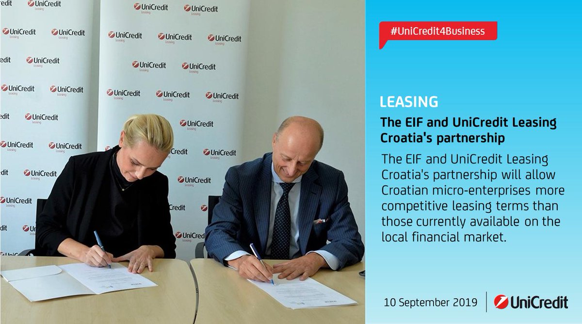 UniCreditEurope's tweet photo. #UniCredit4Business: The @EIF_EU is providing #UniCreditLeasing Croatia, the largest leasing company in #Croatia, with a guarantee to grow its #leasing portfolio for micro-enterprises with a higher risk profile worth €10 million in total. 🇭🇷🇪🇺📈
📌#BankingThatMatters https://t.co/lgXwZ1kwon