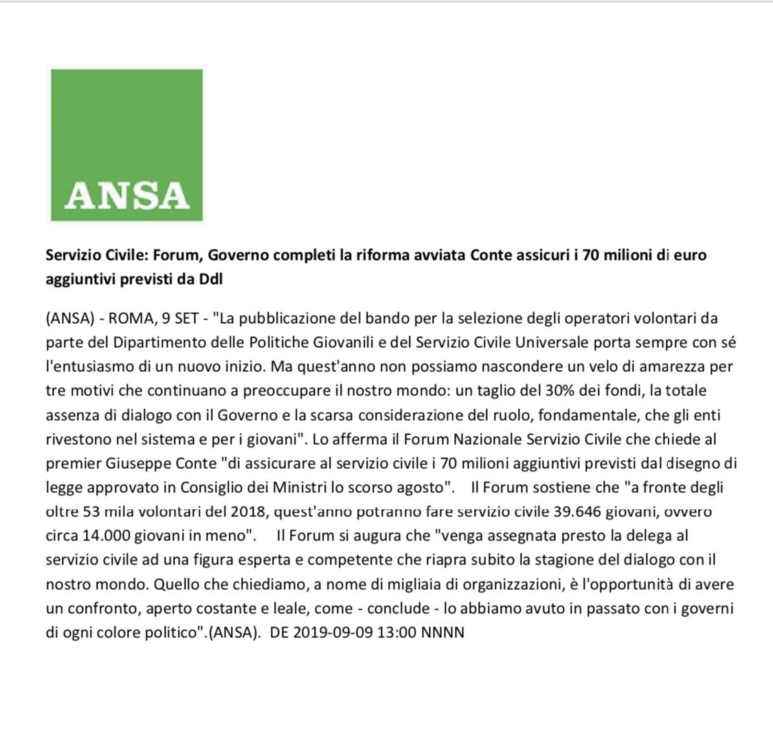 ForumSCN's tweet photo. #rassegnastampa #Governo riprenda dialogo con gli enti per completare la riforma. @GiuseppeConteIT “assicuri i 70 milioni di euro aggiunti già previsti in Ddl” #serviziocivile #bando2019 https://t.co/oqPGpQdpv5