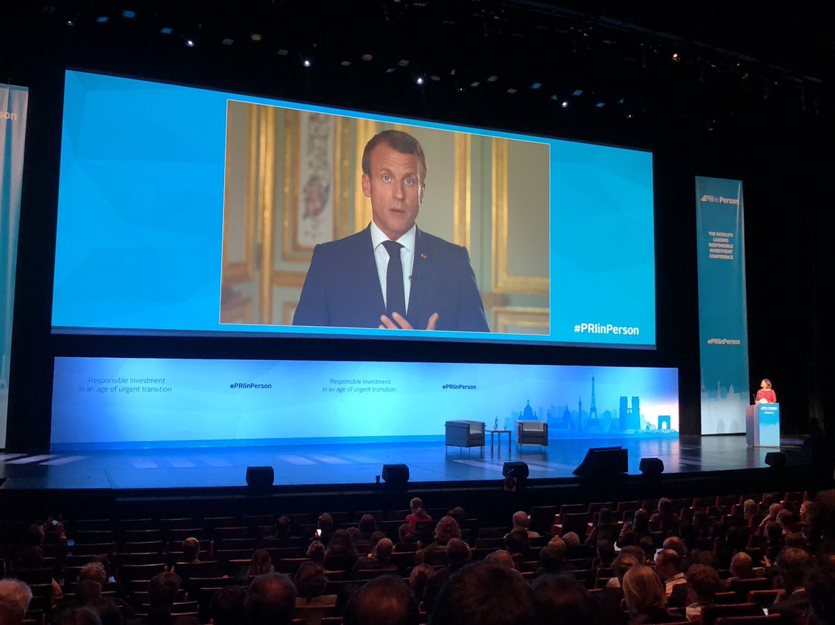 Wow! Unexpected video message to #PRIinPerson from President <a href="/EmmanuelMacron/">Emmanuel Macron</a>. Great recognition for how the PRI mission is now mainstream and gaining momentum #ESG @PRI_News #ClimateEmergency