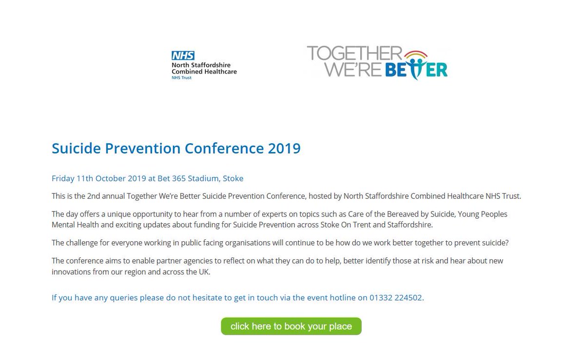 We would like to invite you to the second annual Together We’re Better Suicide Prevention Conference. Friday 11th October 2019 at BET 365 Stadium, Stoke-On-Trent. BOOK a place: bit.ly/2m4MkbH @TWBstaffsstoke #SuicidePrevention #WSPD2019
