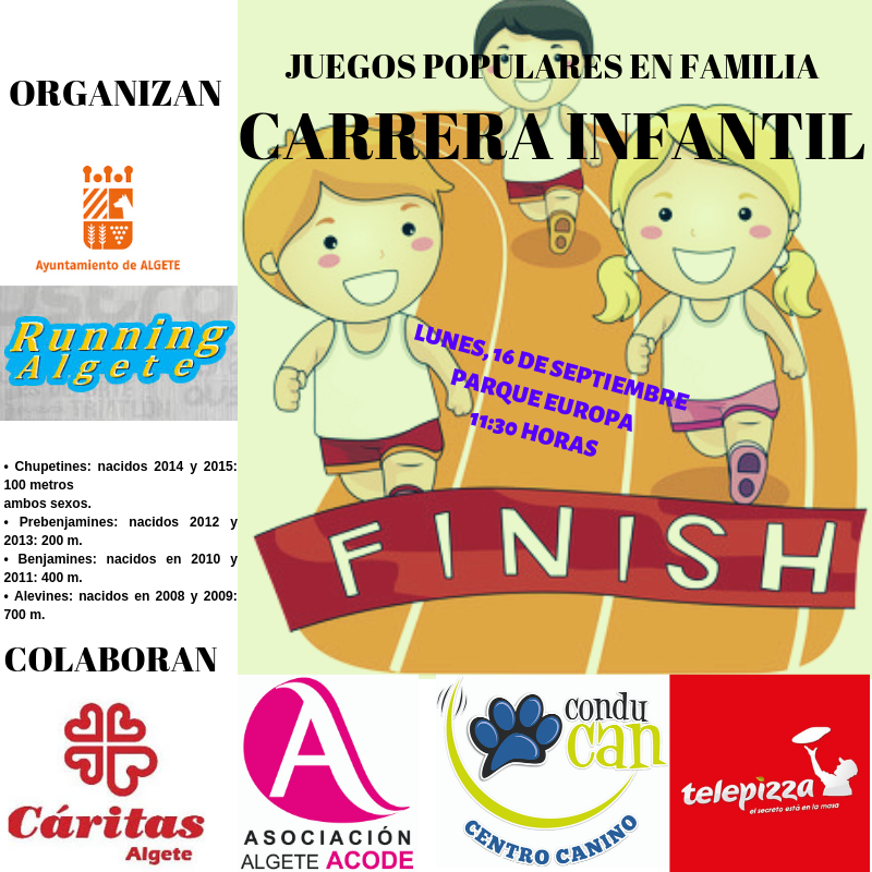 Lunes 16 Sept - 11:30 Carrera infantil organizada por Running Algete ¡Medallas, chuches, agua, fruta, aspitos, pizza y barritas energéticas para todos los participantes! ¡os esperamos! 
El único requisito es aportar 1 kg de alimento no perecedero que será donado a <a href="/CaritasAlgete/">Caritas Algete</a>