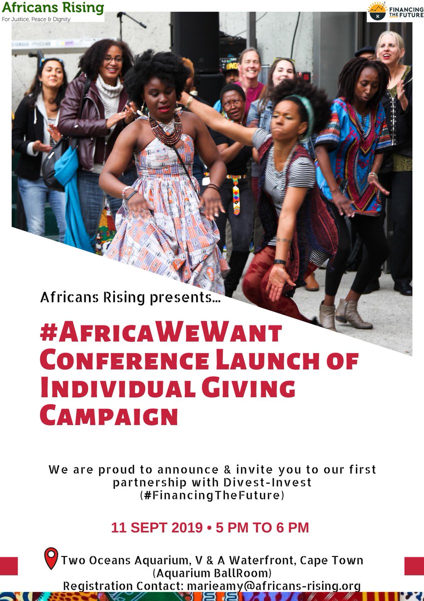 AfricansRising's tweet photo. #AfricansRising invites you to the Individual Giving Campaign launch event at the Two-Oceans Aquarium, Cape Town, #SouthAfrica. 

When: 11 September 2019, 5Pm - 6Pm
Contact: Marieamy@africans-rising.org 

Support us to be #African fully funded. 

#FinancingTheFuture
#AfricaWeWant https://t.co/t7PwNoaCji