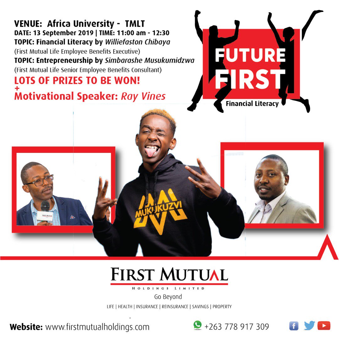 FutureFirstZW's tweet photo. Future First comes to @Africa_Univ

Join us this Friday the 13th of September 2019 at TMLT as we discuss #FinancialLiteracy, #FinancialInclusion and Entrepreneurship, plus a motivational talk led by special guest @rayvines12 

@aujustkidding

#FutureFirst
#MyFinancialFuture https://t.co/mzksI8EwDi