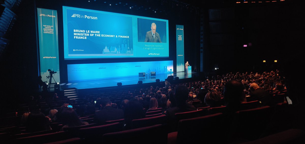 Bruno le Maire and <a href="/EmmanuelMacron/">Emmanuel Macron</a> call for an end to statements and a move to action at #PRIinPerson - a positive statement (!) Commitments made by France, UK and others=good. Policies to make them happen=better