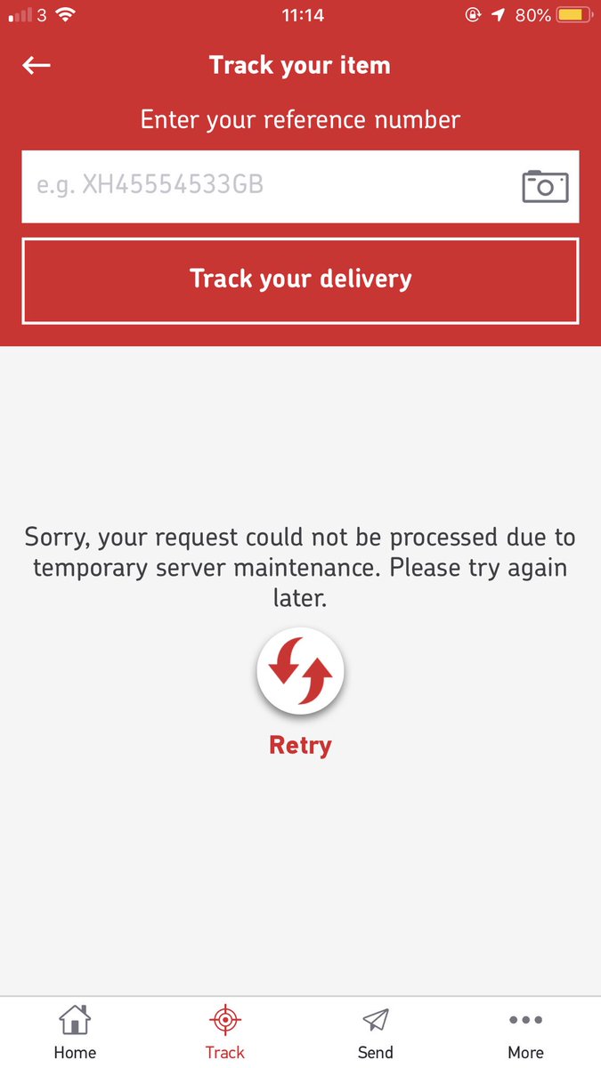 ccbcraig's tweet photo. @RoyalMailHelp I have been unable to use your iPhone app to track items for over a week now. It worked very briefly - perhaps for a minute a couple of days ago - but otherwise shows the error message below. I have tried reinstalling - always same result. https://t.co/iJ1KZNu4Zh