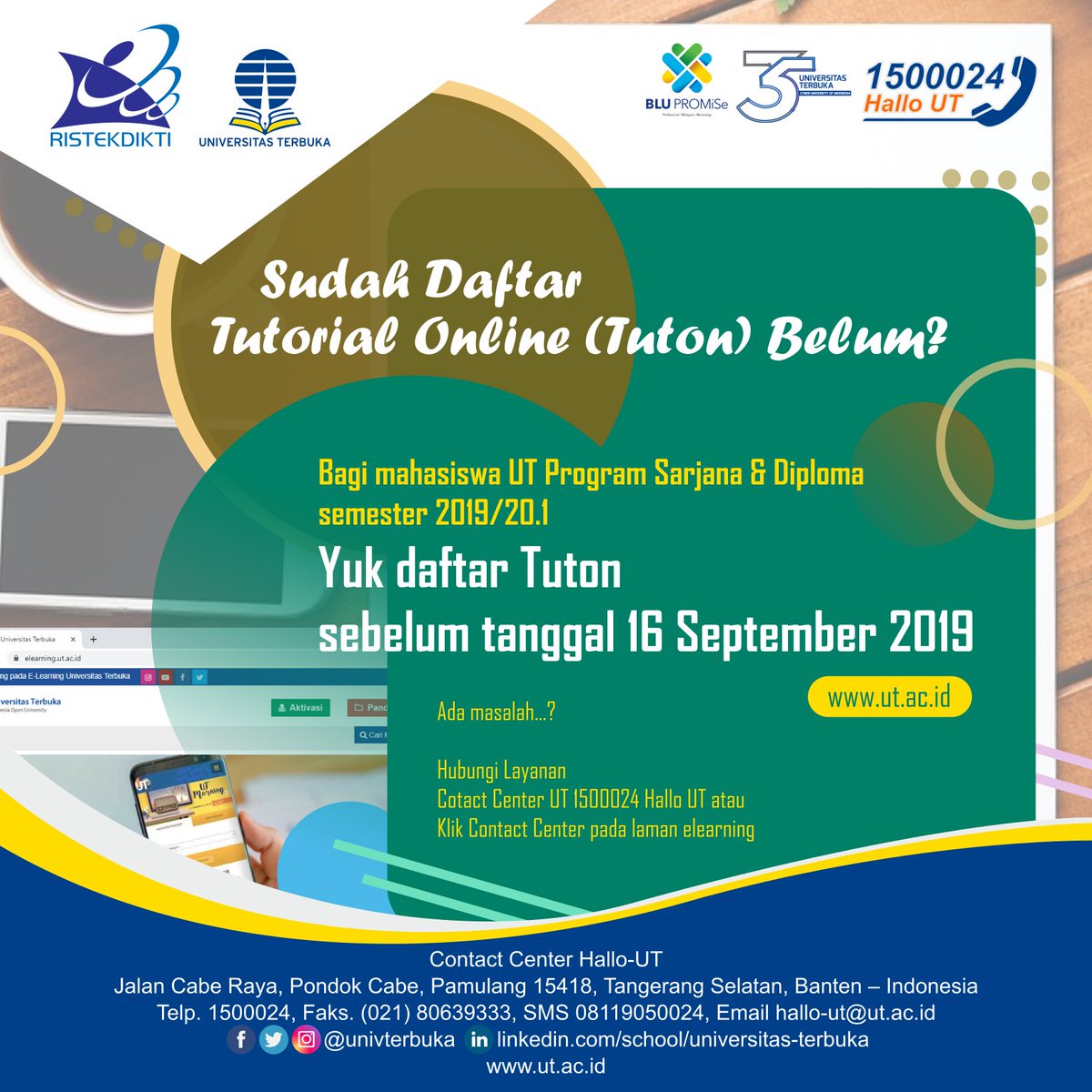 UnivTerbuka's tweet photo. Selamat sore Sahabat UT, sudah daftar tutorial online (Tuton) Belum?
Yuk daftar Tuton sebelum tanggal 16 September 2019, ketentuan mengikuti tutonnya bisa dibaca pada https://t.co/iVD9kZQc1n
#UniversitasTerbuka #InfoUT #ElearningUT https://t.co/5ko37lsZr3