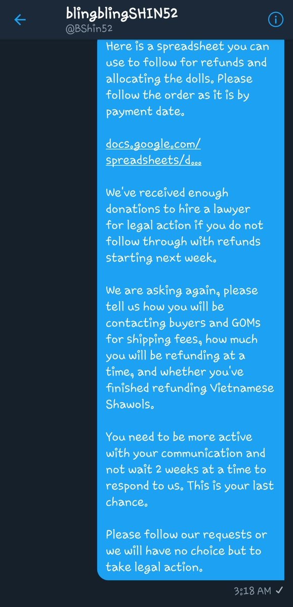 SOS_SHINeeGOs's tweet image. [Update 3]
We reached our goal for legal fees! 🎉🎉 Thank you everyone for your support!

@BShin52 has informed us that she'll start refunding next week. However, she has remained unresponsive about how she plans to contact each GOM/buyer to ship the dolls &amp;amp; for refunds.