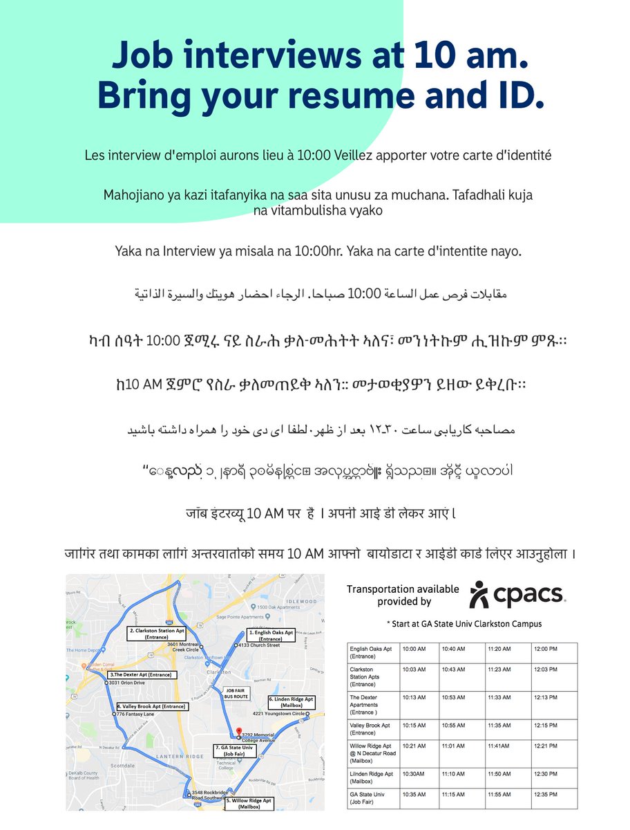 CafeClarkston's tweet photo. Share the upcoming Refugee Job Fair with anyone you know who speaks Somali, Farsi, Arabic, Burmese, Hindi, French, Swahili, Amharic and Lingala!! The event will take place at the GSU Clarkston campus on Friday, Sept 20th from 10-1PM

#jobs #for #refugees #jobfair2019 https://t.co/013h5XnhYS