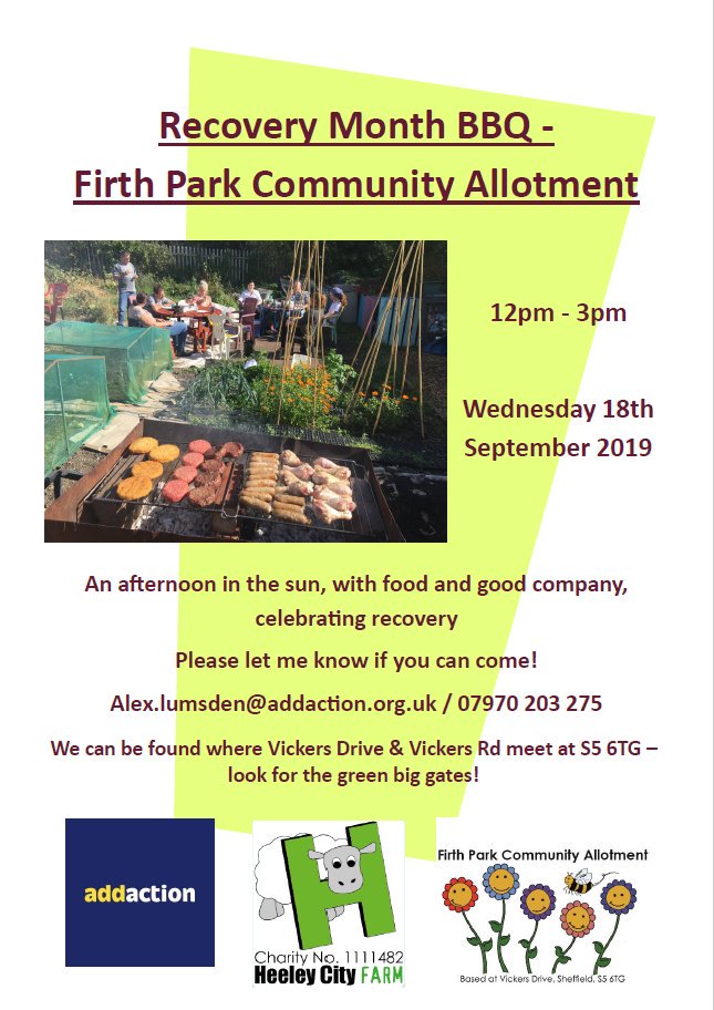 To celebrate Recovery Month and the hard work that has been ongoing at our allotment we are having a BBQ on Wednesday 18th September. Help us celebrate recovery and enjoy some great food and excellent company. 
To come along talk to your worker or contact Alex at Addaction.
