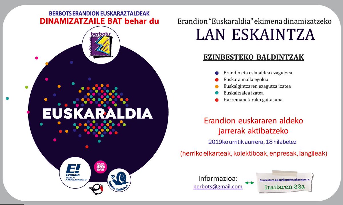 Erandio11egun's tweet photo. EUSKARALDIA LASTER IZANGO DUGU BUELTAN ETA DINAMITZAILE BILA GABILTZA ERANDION!
Harremanetarako: berbots@gmail.com
#euskaraldia #erandio #berbots https://t.co/tDtKlxk7LS