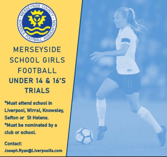 Girls Representative Trials taking place next week! Nominations in latest on Sunday - contact Joseph.ryan@liverpoolfa.com for nomination link! Info to be nominated on the below poster ⚽️ <a href="/Liverpool_CFA/">Liverpool FA</a>  <a href="/Liverpool_SSP/">LSSP</a> <a href="/KnowsleySSP/">KnowsleySSP</a> <a href="/StHelensSG/">St Helens School Sport</a> <a href="/WirralSchoolsFA/">Wirral Schools FA</a> <a href="/SeftonSchoolsFA/">Sefton Schools FA</a>