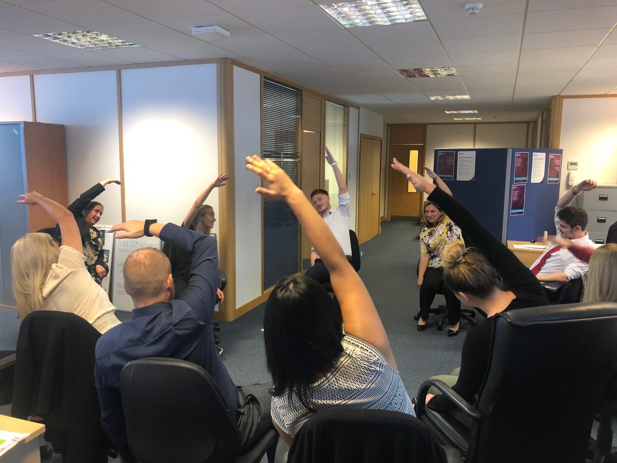 PennyWallaceHR's tweet photo. Day 2 of #WakeandShake in the @AshleyKateUK office!

Slowed down the tempo today with some 'Chair Yoga' - benefits to this being increased flexibility and strength, as well as reduced stress and pain and a better nights sleep!

Stay tuned to find out what we get up to tomorrow!😆 https://t.co/fwECltkJQE