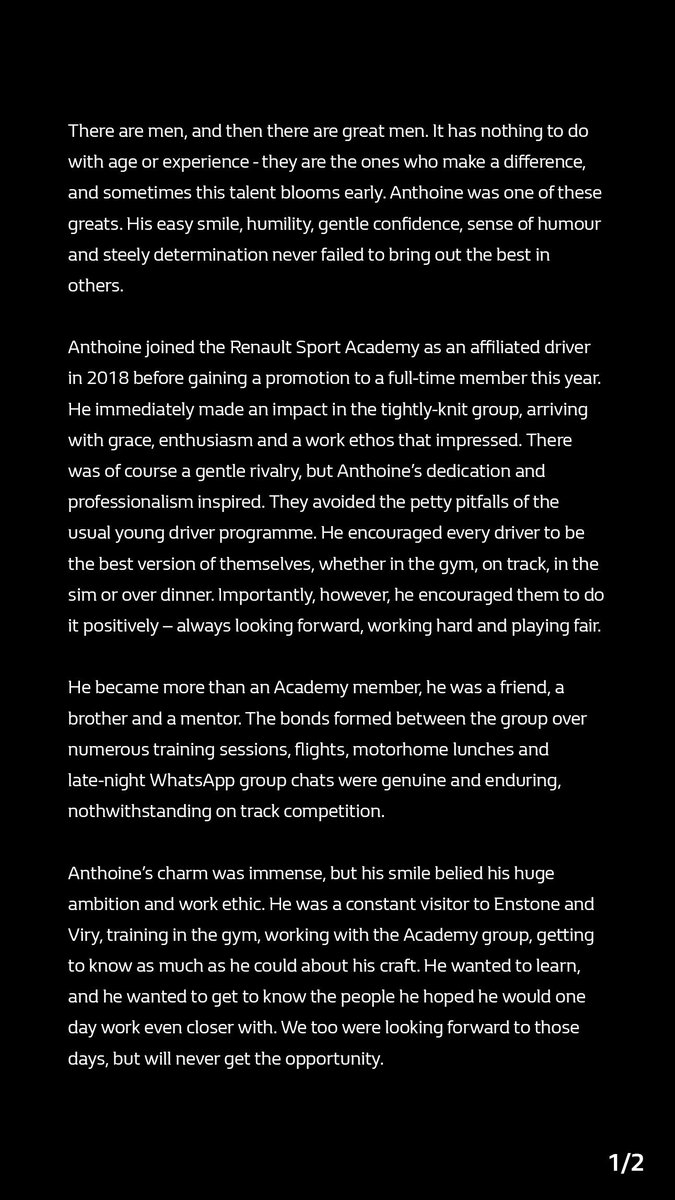 AlpineF1Team's tweet photo. There are men, and then there are great men.

Today we pay tribute to Anthoine, taken too soon. Our thoughts are with you and your family on this saddest of days.

Rest in peace, friend, colleague, brother. You will be greatly missed.

#RacingForAnthoine #AH19 https://t.co/FJhrwZkYRM