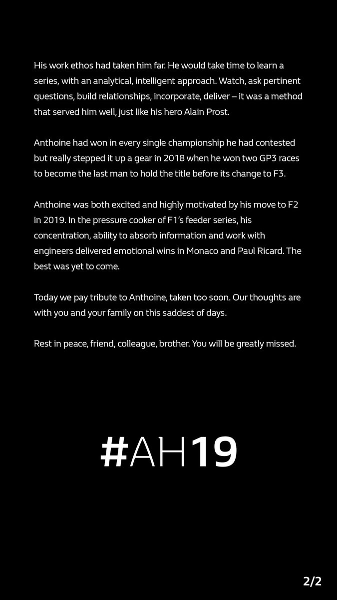 AlpineF1Team's tweet photo. There are men, and then there are great men.

Today we pay tribute to Anthoine, taken too soon. Our thoughts are with you and your family on this saddest of days.

Rest in peace, friend, colleague, brother. You will be greatly missed.

#RacingForAnthoine #AH19 https://t.co/FJhrwZkYRM