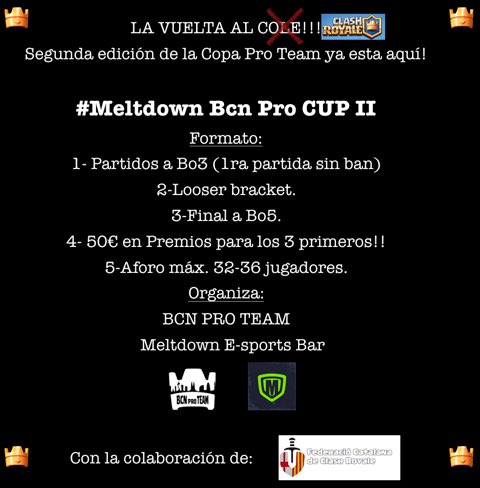 Clasheros!! Nos complace comunicar  que este domingo día 15/09 se viene la segunda edición de nuestro torneo presencial! Para participar:
RT🔃 + ♥️ + follow us!!
Madar un MD📩 con nombre y tag⚔️! Os esperamos a todos para una buena tarde de <a href="/ClashRoyaleES/">Clash Royale ES</a> <a href="/FedCatCR/">ClashRoyale.cat</a> <a href="/MeltdownBCN/">Meltdown Barcelona</a>