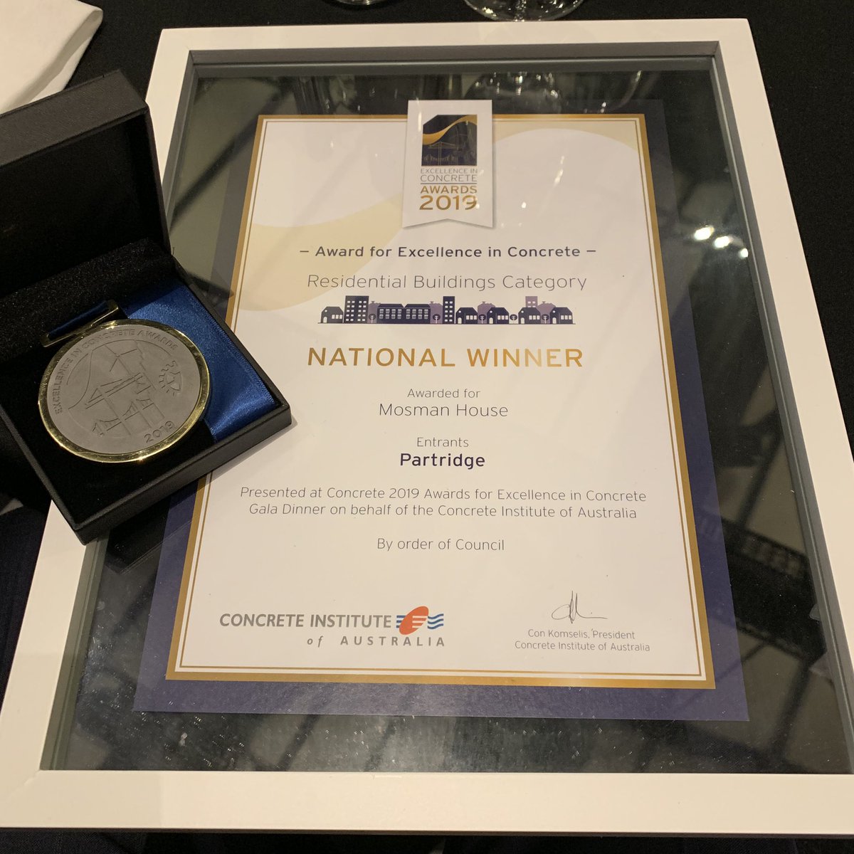 And the winner is...Partridge!! 😀 “Excellence in Concrete” National Award and Medallion in the Residential Category.  That’s three consecutive wins in a row - 2015, 2017, and 2019!  Cheers and thanks to the <a href="/ConcreteInst/">Concrete Institute of Australia</a>