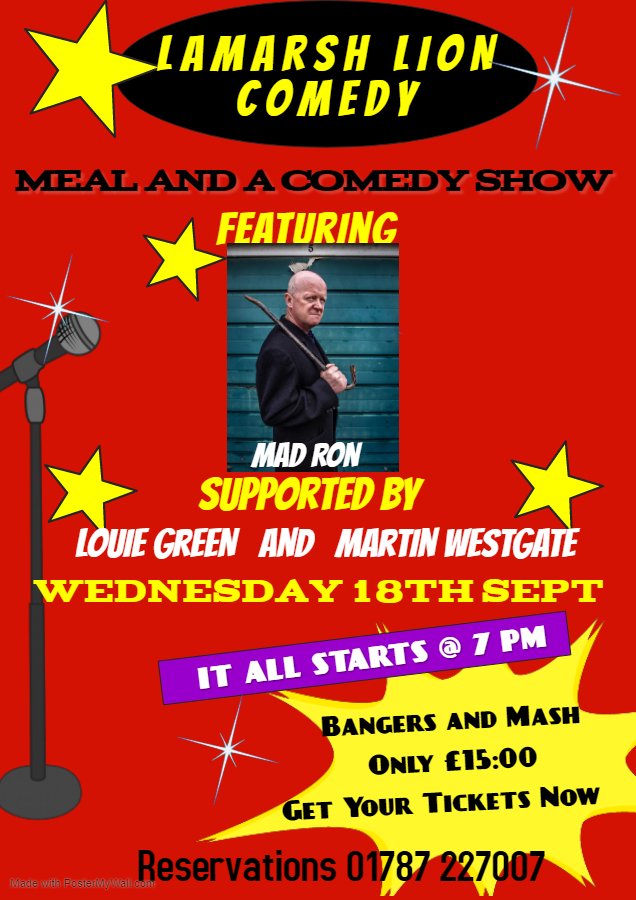 Live Live Entertainment in #Lamarsh
A night of Stand Up comedy
On Wednesday 18 Sept 
For A Bangers and Belly laughs event
Reservations at the bar or call 01787 227007
#UKPub @TheLamarshLion 
#Food #Drinks #HilariousActs