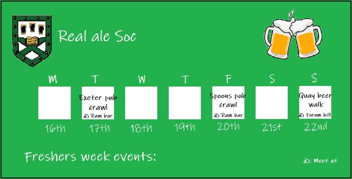 ExeterAleSoc's tweet photo. Freshers week is almost upon us! And we've got three great socials lined up for you. Be it to explore the city, start the term with a drink, or meet new people. See you all soon, much love. 
Real Ale Soc 🍻 x https://t.co/BBGVzKniWH