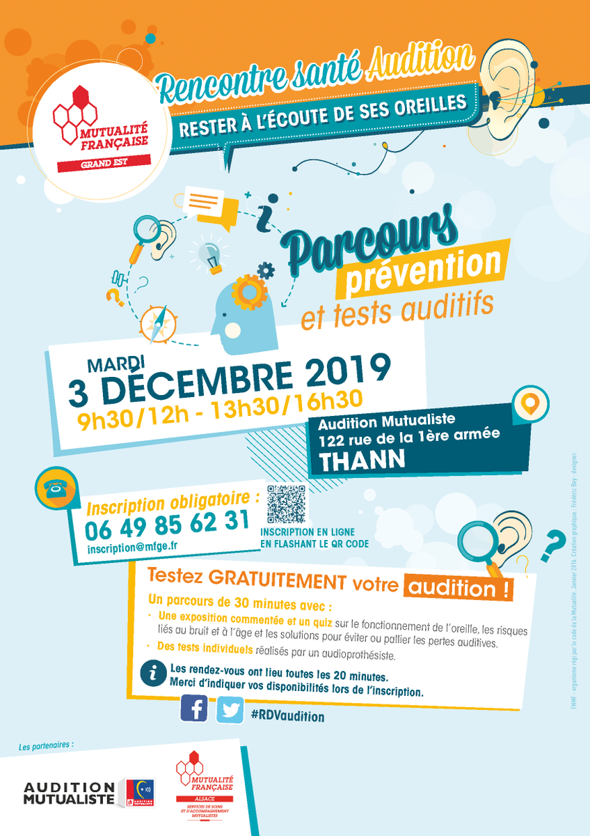 MFGrandEst's tweet photo. 👂 03.12.19 à #Thann (68) : stand "Rester à l'écoute de vos oreilles" (parcours #Audition+ #TestsAuditifs réalisés par un #Audioprothésiste mutualiste) - Gratuit et ouvert à tous - Organisé par @MFGrandEst en partenariat avec #MutualitéFrançaiseAlsaceSSAM &amp; @AudioMutualiste https://t.co/CWyPowlp88