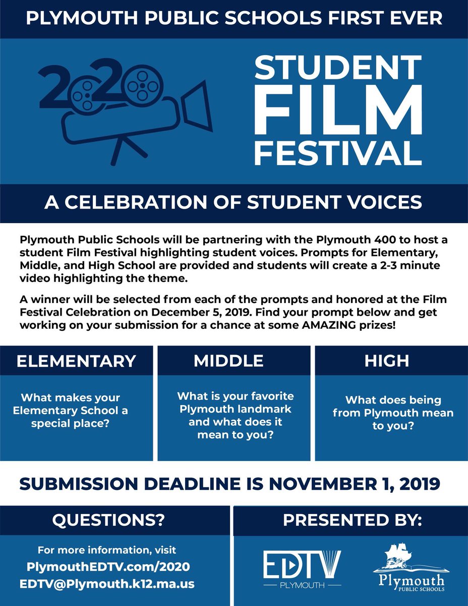 PlymouthEDTV's tweet photo. Attention all film makers! We’re proud to be partnering with @Plymouth400 to hold Plymouth's first ever student film festival! Students in gr K-12 have the chance to share THEIR voices. Visit https://t.co/JmEjL9waiw today! 🎥✨ https://t.co/ViVBrOGyJ0
