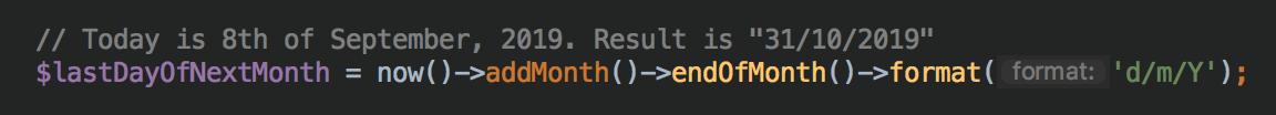#Laravel tip of the day: Carbon has a lot of less-known methods, did you know you can chain methods like this to get last day of next month? See screenshot.