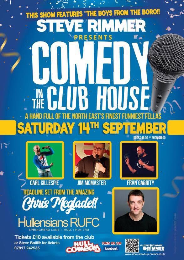 HullensiansRUFC's tweet photo. @steve_eod presents #ComedyInTheClubHouse 
Saturday 14th September Grab your tickets from the bar https://t.co/Z0G9O59HyN