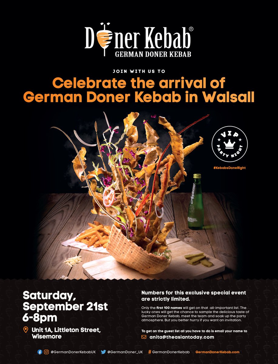 TheAsianToday's tweet image. German Doner Kebab to arrive in Walsall 

Check out the Latest opening of @GermanDoner_UK - Saturday 21st September 2019 - Between 6:00pm - 8:00pm 

To get on the guest list email anita@theasiantoday.com 

#KebabDoneRight