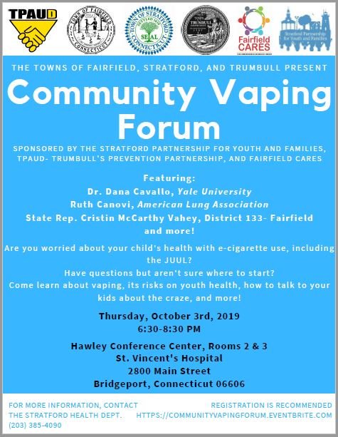 Want to learn more about JUUL and e-cigarettes? The Community Vaping Forum is being held on October 3rd from 6:30- 8:30 PM at St Vincent's Hawley Conference Center.
