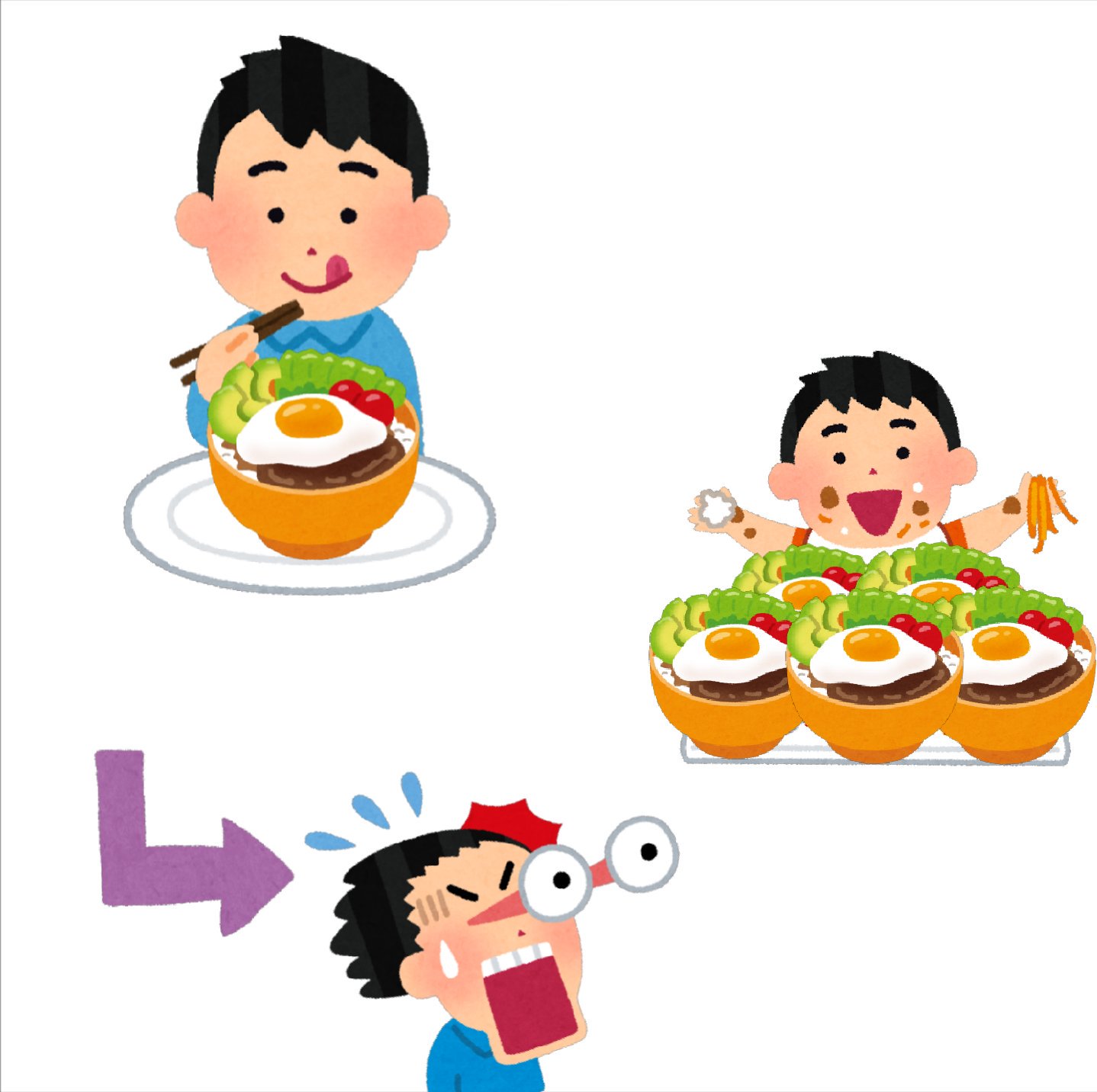 まいチクをいらすとやで再現 在 Twitter 上 Dayukoume 再現難易度 使ったイラスト 5枚 ロコモコのイラスト 食事をする人のイラスト 男性 箸 矢印のイラスト 直角 驚いて目が飛び出る人のイラスト 男性 汚くご飯を食べる子供のイラスト まいにちチクショー